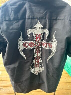 Red Kap Vintage Style Black Jacket with Large Gothic Cross and Red Lettering